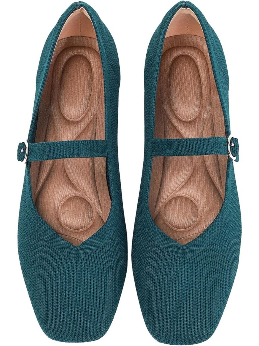 🆕Women's Dark Green Knit Mary Jane Ballet Flats Square Toe Comfort Dressy Shoes